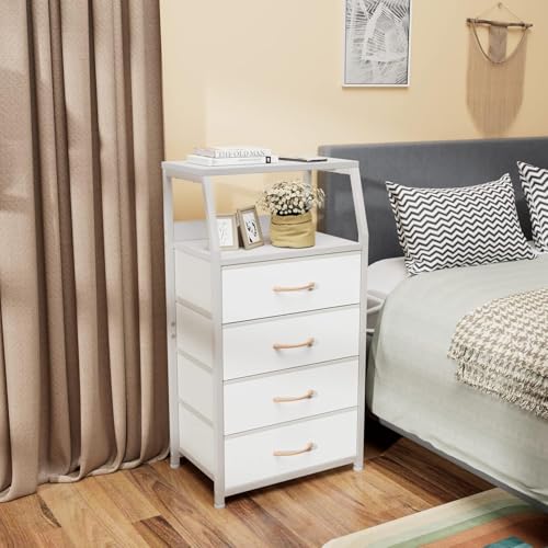 Furnulem Tall 4 Drawers Dresser, Vertical Storage Tower for Bedroom, Hallway, Entryway, Nursery, Closet Organizer, Nightstand Bedside Table Furniture, Sturdy Steel Frame, Wood Top, White - color: White, style: 4 Drawers