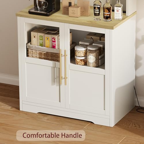 IDEALHOUSE Bakers Rack With Storage Cabinet, Microwave Stand With Power Outlets, Farmhouse Bakers Rack With Thick Table Top, Small Kitchen Pantry for Kitchen,Dining Room,White & Peer Wood - color: White & Peer Wood, size: with 2 Glass Door