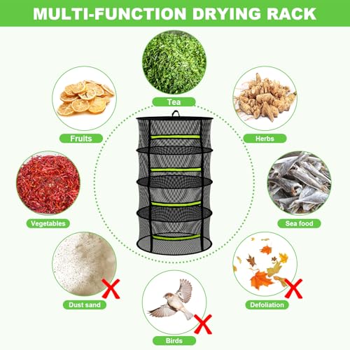 MEKOLIFE Herb Drying Rack Hanging-8 Layer, Collapsible Large Capacity Mesh Net with Green Zipper, Hooks & Bonus Garden Scissors, for Fresh Herbs/Flowers/Plants, Indoor Outdoor Use (23.62") - size: 8 Layers