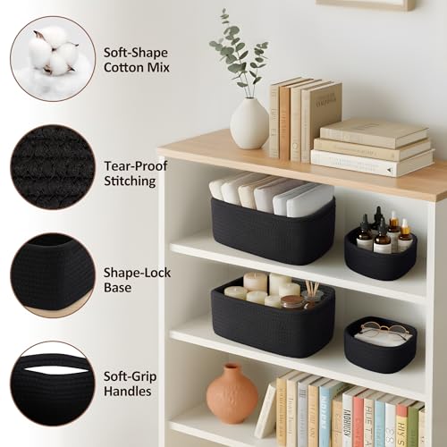 5-Pack Small Woven Rope Storage Baskets – 2 Sizes Organizer Bins for Closet, Shelf, Bookshelf, Nursery, Changing Table, Fabric Cube Boxes, Rectangular Shallow Bins for Bathroom, Toy & Home - color: Black