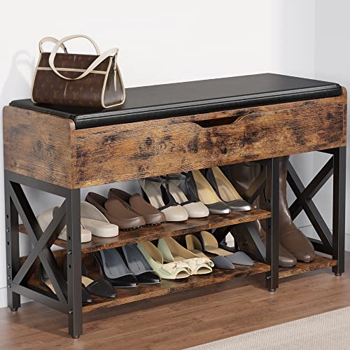 Shoe Bench, Lift Top Shoe Storage Bench, Adjustable Shelf Entryway Bench, Metal and Wood Shoe Rack Organizer with Cushion for Entry, Closet, Living Room, Bedroom, Hallway (Brown, 39.5“W) - color: Brown, size: 39.5“W