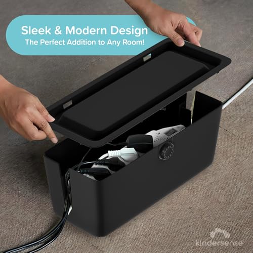 KinderSense® Cable Management Box - Cord Organizer with Child Proof Lock - Cord Hider to Conceal Wires,Power Strips from TV,Computer,Desk and Babies - 12 X 5.25 x 5.25 (Black)