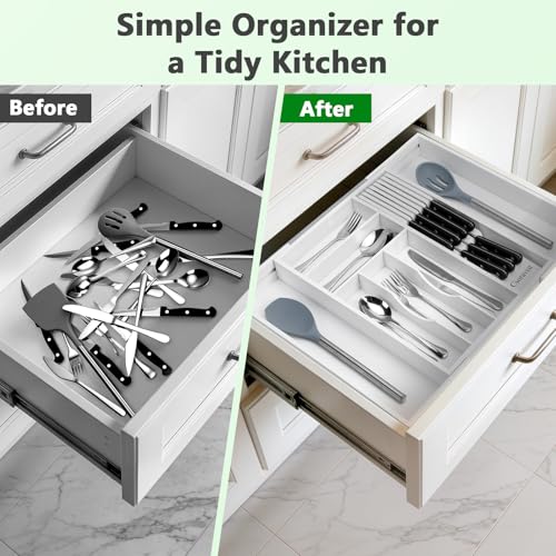 9-Piece Bamboo Kitchen Drawer Organizer Set, Expandable Silverware &Utensil Organizer with Removable Knife Block & Steak Knives, Flatware Organization, Tableware Dividers Storage(White) - color: White
