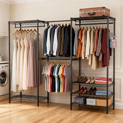 Heavy Duty Closet Garment Rack, 6 Tiers Adjustable Metal Freestanding Expandable Clothing Storage with 4 Hanger Rods, Easy to Assemble Wardrobe, 71.4" H x (70" - 88.2") L x 14" D, Black - color: Black