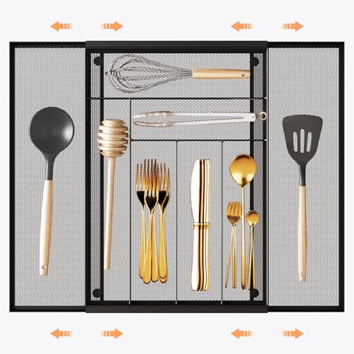 Sedegn Silverware Organizer Metal Mesh, Large Drawer Organizer, Utensil Cutlery Tray for kitchen drawers, Expandable Flatware Organizer with 8 Compartment Black 11.6"~20" x 17.3" - color: Black, size: Expandable 11.6"~20" x 17.3"