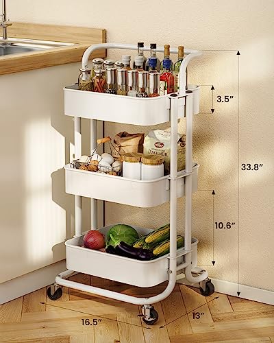 Pipishell 3 Tier Mesh Utility Cart, Rolling Metal Organization Cart with Handle and Lockable Wheels, Multifunctional Storage Shelves for Kitchen Living Room Office White - color: White, size: 3-Tier