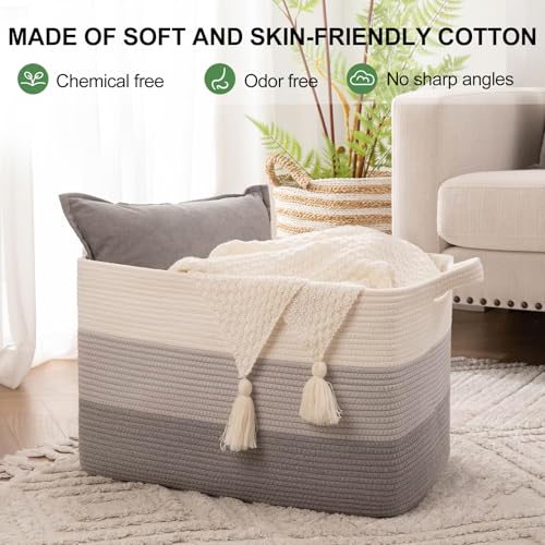 OIAHOMY Rectangle Woven Storage Basket - Nursery Cotton Rope Baskets for Storage, Toy Basket Organizing for Living Room, 17.7"x13.8"x11"- Pack of 3 - Gradient Gray - color: Gradient Gray, size: 3 pcs-17.7”x13.8”x11”