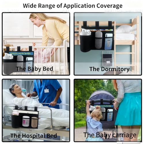 Hanging Bedside Caddy, Bedside Organizer Bunk Bed Storage Bag Hanging Pocket for Camp Dorms & Hospital Bed Rails More (Black 4 Pockets)