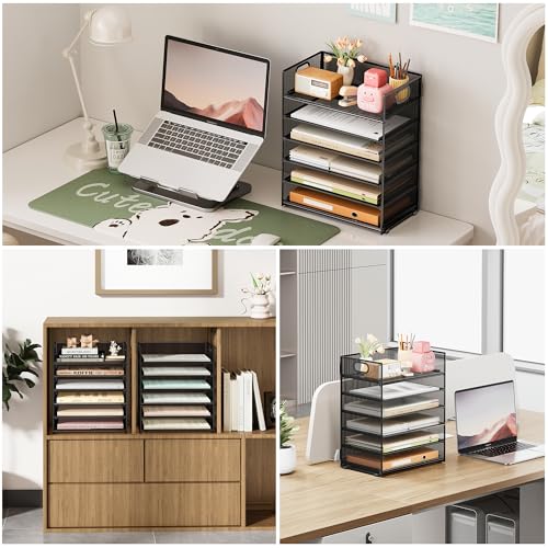 Subekyu 2-Pack 6-Tier Paper Tray Organizer for Desk - Black Mesh File Folder Sorter with Handles, Desk Letter Holder for Office, Home, School Supplies Storage & Organization - color: 2 Pack 6-tier - Black