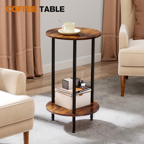 Small Round Side Table, Brown Round End Table with Storage, 2-Tier Modern Accent/Bedside Table for Living Room, Bedroom-Brown - color: Brown, size: 1PC