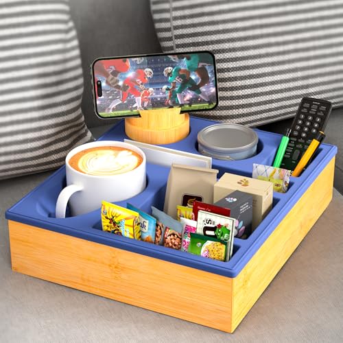 Couch Cup Holder Tray - Couch Organizer Caddy, Silicone Beach Caddy with Cup Holder, Sofa and Bed Drink Holder and Couch Tray Table for Snacks Beverage Remote (Blue) - color: Blue