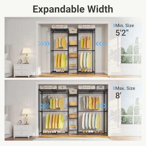 VIPEK X3 Expandable Heavy Duty Clothes Rack Adjustable from 5'2" to 8' with Adjustable Shelves and Hanger Rods, Large Freestanding Clothing Racks Reach-in & Walk-in Closet, Max Load 1210LBS, Black - color: Black, size: X3