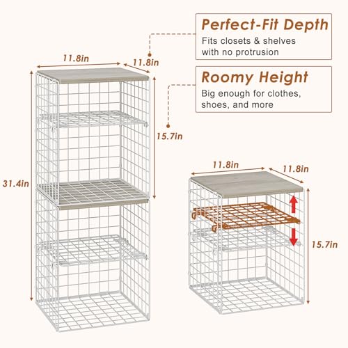 4-Tier Stackable Closet Organizers and Storage, Adjustable Dividers & Wood Top Storage Shelves for Clothes, Wardrobe & Closet Storage Basket Bins/Cube, Space-Saving Closet Organizer System, White