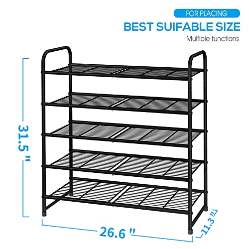 Simple Trending 5-Tier Stackable Shoe Rack, Expandable & Adjustable Shoe Organizer Storage Shelf, Wire Grid, Black - color: Black, size: 5 Tiers