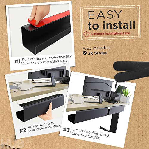No-Screw Under Desk Cable Management Tray - Self-Adhesive Installation, Cord Management, Cable Tray, Under Desk Wire Organizer - Black Set of 2 - color: Black, size: 2pcs Self Adhesive