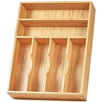 Umilife Kitchen Drawer Organizer, 12 Inch Silverware Utensil Tray Holder, Extra Deep, with Non-Slip Feet & Grooved Drawer Divider, 6 Slots Total Bamboo Wood Caddy for Flatware Cutlery Knives - size: 12 x 17 inch (6 Slots)