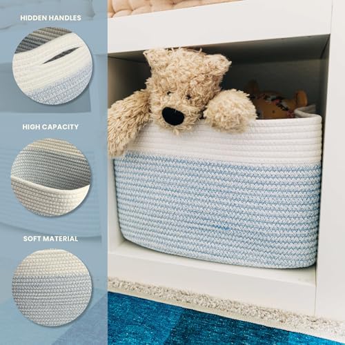 OrganiHaus Rope Baskets for Shelves - Set of 3 Woven Storage Baskets for Organizing, Closet & Toy Storage - Blue/White - 15x9x10 - color: Blue / Off-White