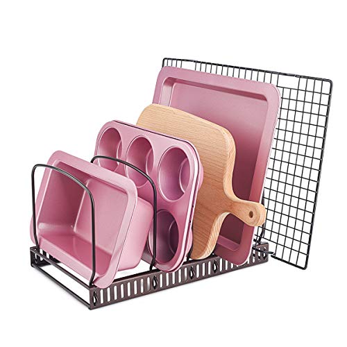 Toplife 10+ Bakeware Organizer Rack for Kitchen Bakeware, Cookware, Dinnerware, Cutting Boards, Plates, Pot and Pan Lids (Brown) - color: Brown, size: Bakeware Organizer