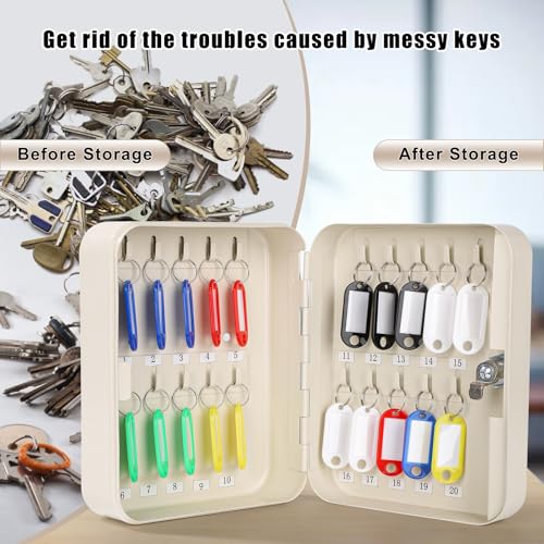 KYODOLED Key Cabinet Wall Mount, Locking Key Organizer, Key Storage Lock Box with Key, Key Management with 20 Key Hooks & Tags Key Labels, 7.87" x 6.29" x 3.14" (Beige, 20 Key) - color: Beige With Key Lock