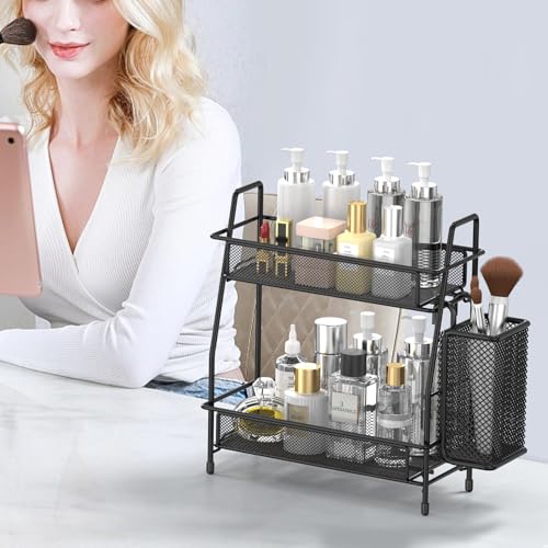 LEMIKKLE 2-Tier Bathroom Countertop Organizer,Skincare, Makeup Countertop Organizers, Kitchen, Bathroom Counter Storage with Small Basket (Black) - color: Black (Size: 7" x 12" x 13")