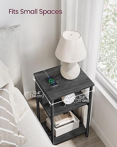 VASAGLE Side Table with Charging Station, 3-Tier End Table with USB Ports and Outlets, Nightstand for Living Room, Bedroom, 11.8 x 13.4 x 22.8 Inches, Plug-in Series, Misty Gray and Black - color: Misty Gray + Black