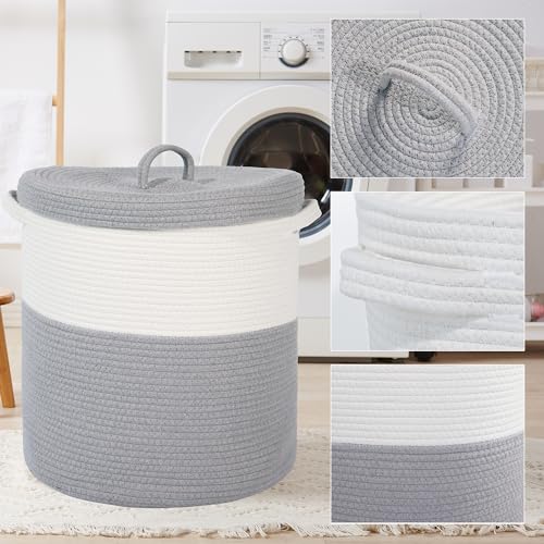 Large Storage Basket with Lid 60L, 16"Wx18"H Woven Laundry Hamper Basket with Handle, Room Decor Cotton Rope Wicker Basket Toy Organizer Bins for Clothes Blankets Pillows, Gray/White Mix includes Lid - color: Gray/White Mix-16"Wx18"H