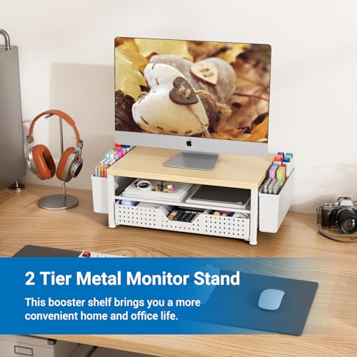 Wood Metal Monitor Stand Riser, Laptop Stand for Desk, Office Desk Organizer and Accessories, Computer Desktop Shelf with Drawer and Pen Holder, Printer Stand for Home, Office, Dorm (Natural Wood) - color: Natural Wood