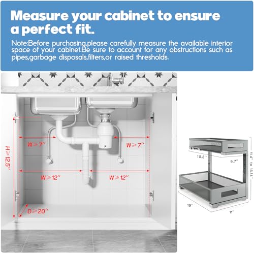 2 Pack 19IN Depth Under Sink Storage Organizer, Large 2-Tier Elegant Mesh Pull Out Shelf for Kitchen and Bathroom Cabinet Organization, L-Shaped and Adjustable Height Design-Gun Gray - color: Gun Gray, size: 2 Pack-19"Dx11.4"-16.14"H