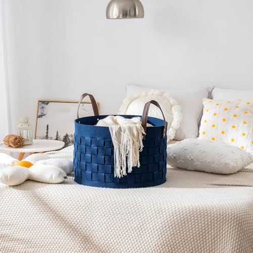 BOLDMONKEY Laundry Basket 20" x20 " x11.8 ",Extra Large Round Blanket Basket with Leather Handle, Felt Storage Basket for Living Room, Nursery, Dog Toys-Navy Blue - color: Navy Blue