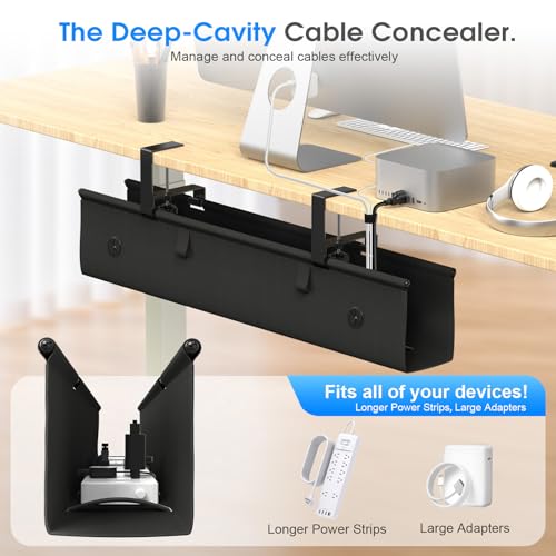 Under Desk Cable Management Tray, 30-inch No-Drill Cord Organizer with Anti-Sag Reinforced Base, Fabric Wire Management Hider for Standing Desk, Office & Gaming Accessories - Black - color: Black, size: 30 inch