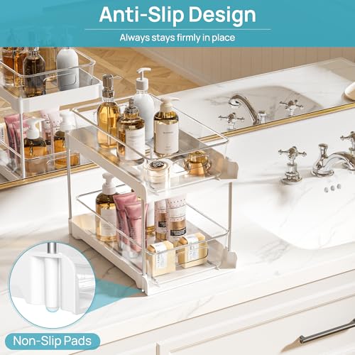Vtopmart 2 Pack Bathroom Organizer, 2 Tier White Under Sink Organizers Vanity Countertop Storage Container,Cabinet Drawers Bins, Pull-Out Organization with Track for Pantry, Kitchen - color: White, size: S-Standard (2 Pack)