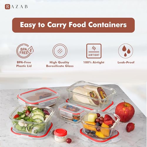 Razab 35 Pc Set Glass Food Storage Containers with Lids - Meal Prep Airtight Bento Boxes BPA-Free 100% Leak Proof (15 lids,15 glass & 5 Plastic Sauce/Dip Containers) - color: Cherry Red