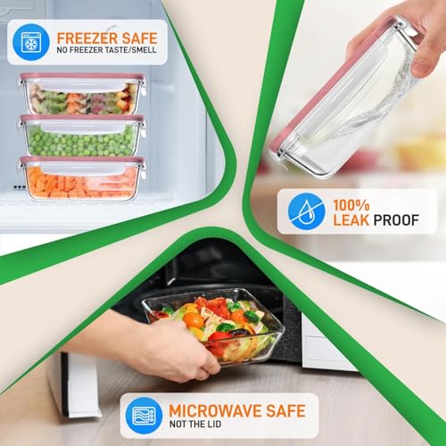 Nutrichef 10-Piece Glass Food Containers - Stackable Superior Glass Meal-prep Storage Containers, Newly Innovated Leakproof Locking Lids w/Air Hole, Freezer-to-Oven-Safe (Red) - color: Red