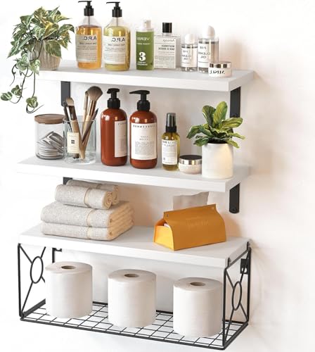 Amada Bathroom Shelves Over Toilet with Storage Basket, Floating Wall Shelf for Home Organization & Wall Decor, Bathroom/Kitchen/Living Room Shelves–White - color: White