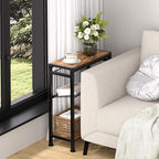 Small Side Table Set of 2 for Small Space, 3-Tier Narrow End Table with Magazine Holder, Slim Nightstand, Skinny Snack Couch Table in Living Room, Bedroom and Balcony (Rustic Brown &Black) - color: Rustic Brown-2pcs