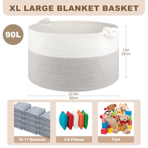 OIASKET Large Blanket Storage Basket for Living Room, 22.8" x 22.8" x 13" Woven Cotton Rope Basket with Handles, Baby Toy Storage, Laundry Hamper for Clothes, Pillows, Towels-Grey and White - color: Grey and White, size: 90L