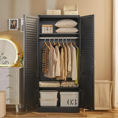 71" Tall Metal Wardrobe Closet with Hanging Rod, Adjustable Shelves – Durable Steel Armoire for Home or Office - color: Urban Essential-black