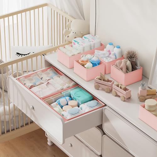 DIMJ Drawer Organizer Clothes Storage- 18 Pack Baby Dresser Organizer for Nursery, Foldable Closet Drawer Organizer Bins for Bedroom Organization, Fabric Storage Dividers for Socks, Underwears, Bras - color: Pink, size: 18 Pack