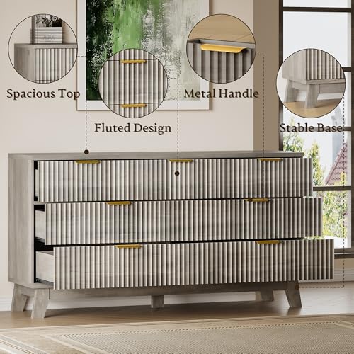 BORNOON Fluted 7 Drawer Dresser, 47.2" Wide Modern Boho Chest of Drawers, Wooden Storage Dresser TV Stand for Bedroom, Living Room, Closet, Hallway, Curved Profile Design - color: Rustic Drift, size: 7-Drawer