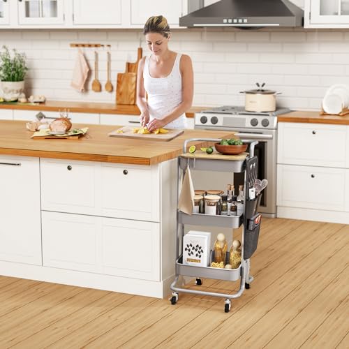DTK 3 Tier Metal Utility Rolling Cart with Table Top and Side Bags, Tray Storage Organizer Wheels, Art Craft 4 Hooks for Kitchen Bathroom Office Living Room(Grey) - color: Gray, size: Large