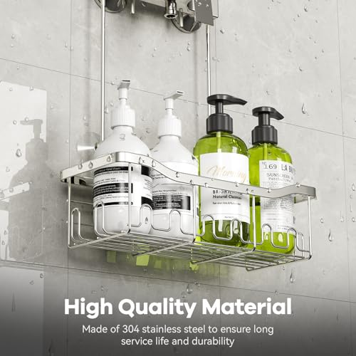 BYT Shower Caddy Hanging, Shower Organizer Hanging for Bathroom, Shower Basket with Hooks, Shower Storage, Shelf, Rack No Drilling for Faucet or Cross Bar (Silver) - color: Silver