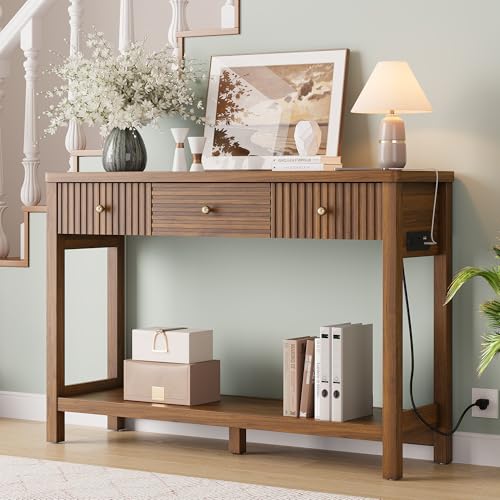 47 Inch Fluted Console Table with Outlets and USB-C Port, Mid Century Modern Sofa Table with 3 Drawers and Open Shelf, Entryway Table with Charging Station for Behind Couch, Hallway, Foyer, Walnut - color: Walnut