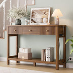 47 Inch Fluted Console Table with Outlets and USB-C Port, Mid Century Modern Sofa Table with 3 Drawers and Open Shelf, Entryway Table with Charging Station for Behind Couch, Hallway, Foyer, Walnut - color: Walnut
