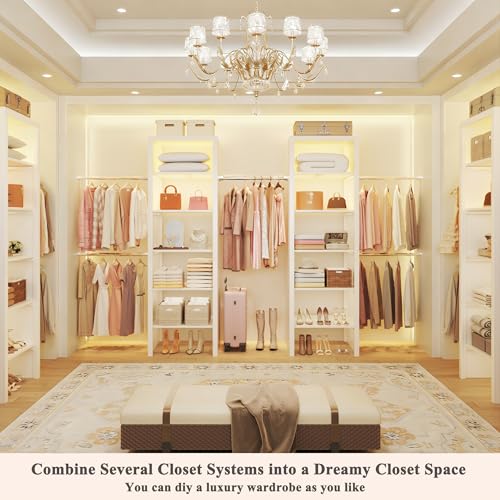 100'' Closet System with 4 Hanging Rods & LED Lights, 2-8 FT Wood Closet Organizer Systems with 5 Shelves, 6 Height Adjustable, Walk-in Closet Organizer Wardrobe Clothes Rack, Garment Rack, White