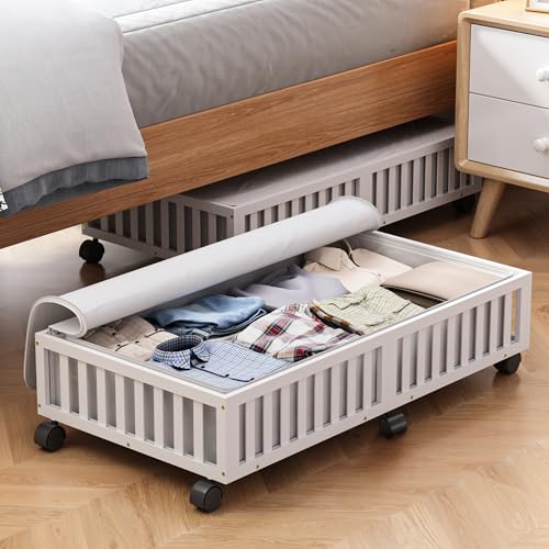 Bamboo Under Bed Storage Containers with Wheels, 2 Pack Large Under the Bed Shoe Storage Bins, Wood Rolling Underbed Drawers Organizer for Bedroom Closet Clothes Blanket Under Crib Toy White - color: White, size: 2 PCS (33.07"×16.54")