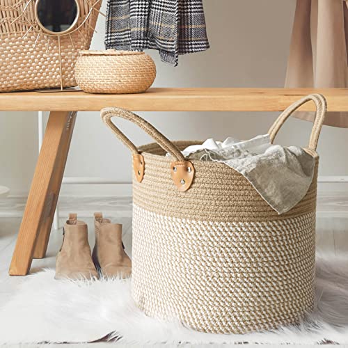 CHICVITA Large Wicker Jute Woven Storage Basket with Handles – Blanket Laundry Basket for Toys Towels Home Decor, White, 14" x 14" x 12" - color: White, size: 14"W x 12"H