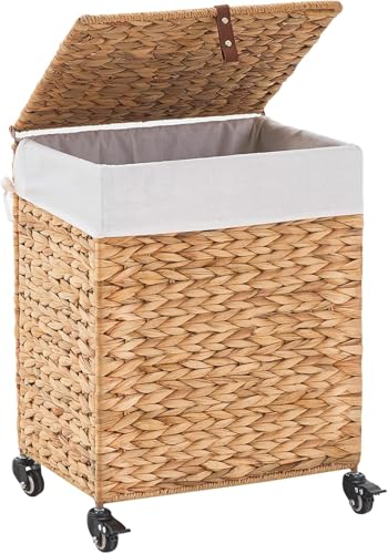 Rolling Laundry Hamper with Lid, Natural Water Hyacinth Basket with Removable Liner, Wheel or Non-Slip Installation Laundry Basket for Home Use (Natural, 65L) - color: Natural, size: 65L
