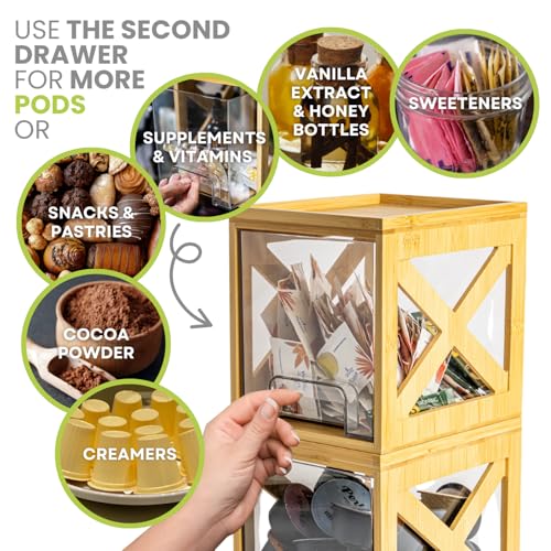 Stackable Bamboo Snack Drawer Organizer (2 Pack) – Pull-Out Storage Bins with Clear Acrylic Drawers – Pantry Storage for Snacks, Coffee Pods, Spices & K-Cups
