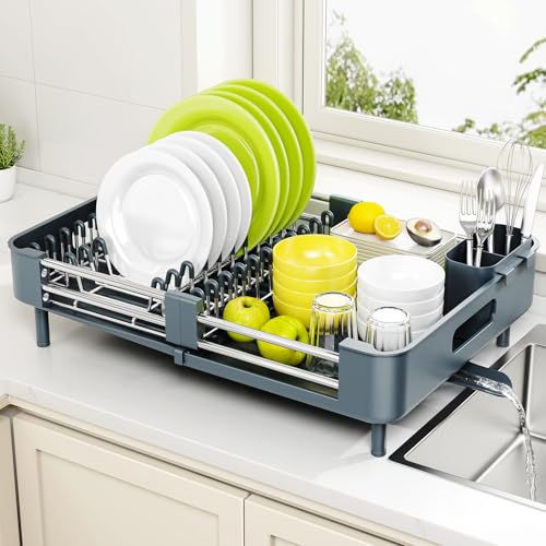 Urackify Stainless Steel Dish Drying Rack - Dish Drainer for Kitchen Counter, Extendable Drainboard with Foldable, Space-Saving Cup & Bowl Organizer, Includes Knife and Utensil Holder, Matte-Green - color: Dark Slate Teal