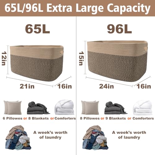 JMvicyroam Woven Blanket Basket,65L Large Storage Bin for Blankets Toys Clothes,Decorative Rope Basket for Living Room Bedroom with Handles, Jute&Black - color: Jute&Black, size: 65L